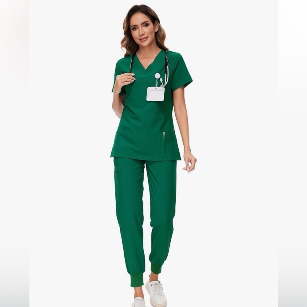 Women's Green V-Neck Medical Jogger Scrub Set
